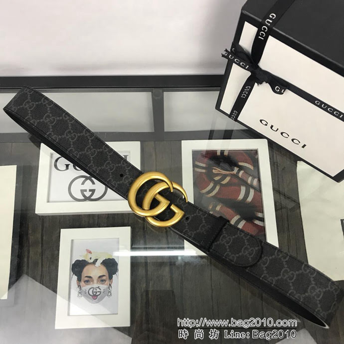 GUCCI古馳 官網經典款 原單品質 專櫃PVC提花面料 頭層黑色皮底 原單復古金GG扣 男士皮帶  xfp1447
